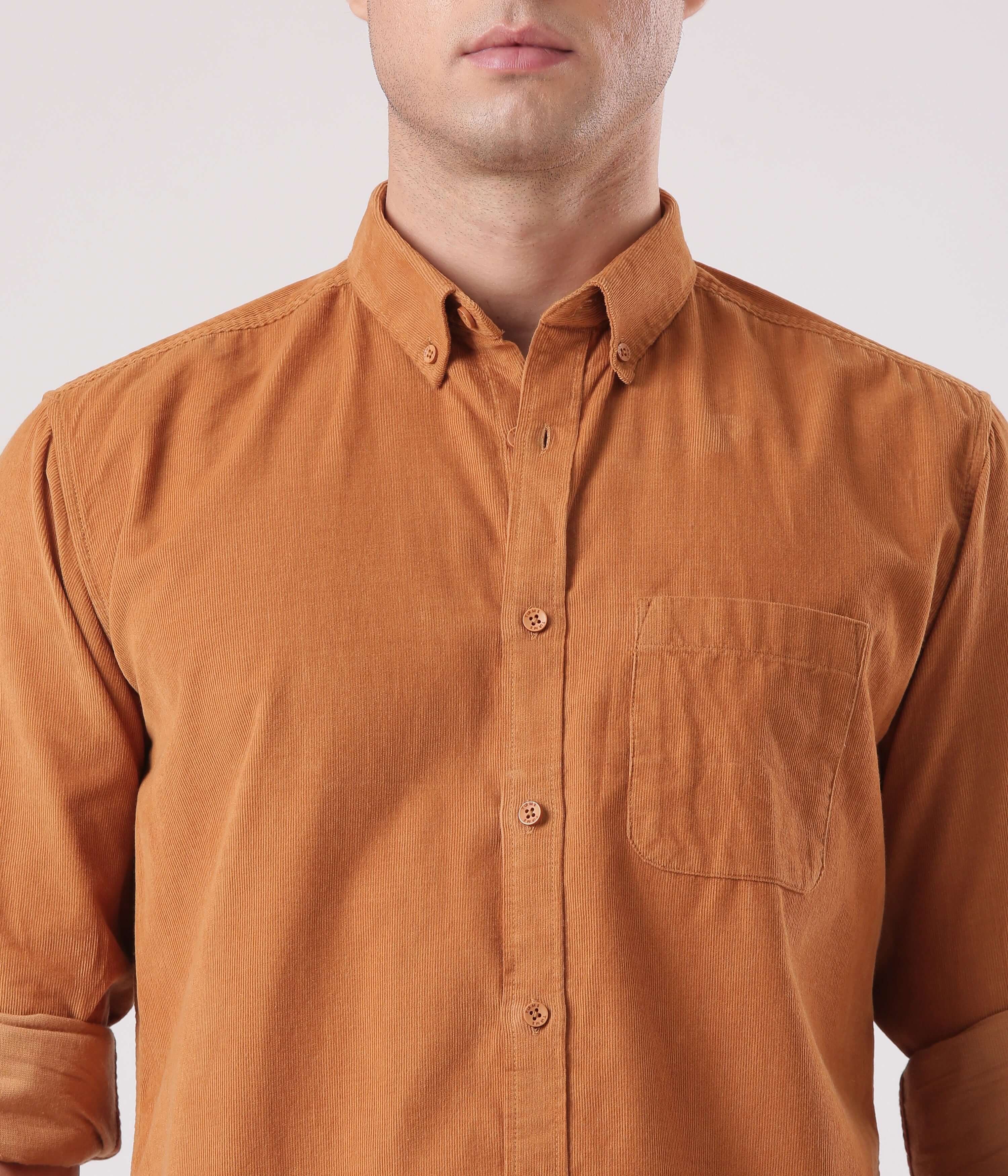 Brown Toffee corduroy shirt from Turms, showcasing intelligent apparel in a stylish, casual design.