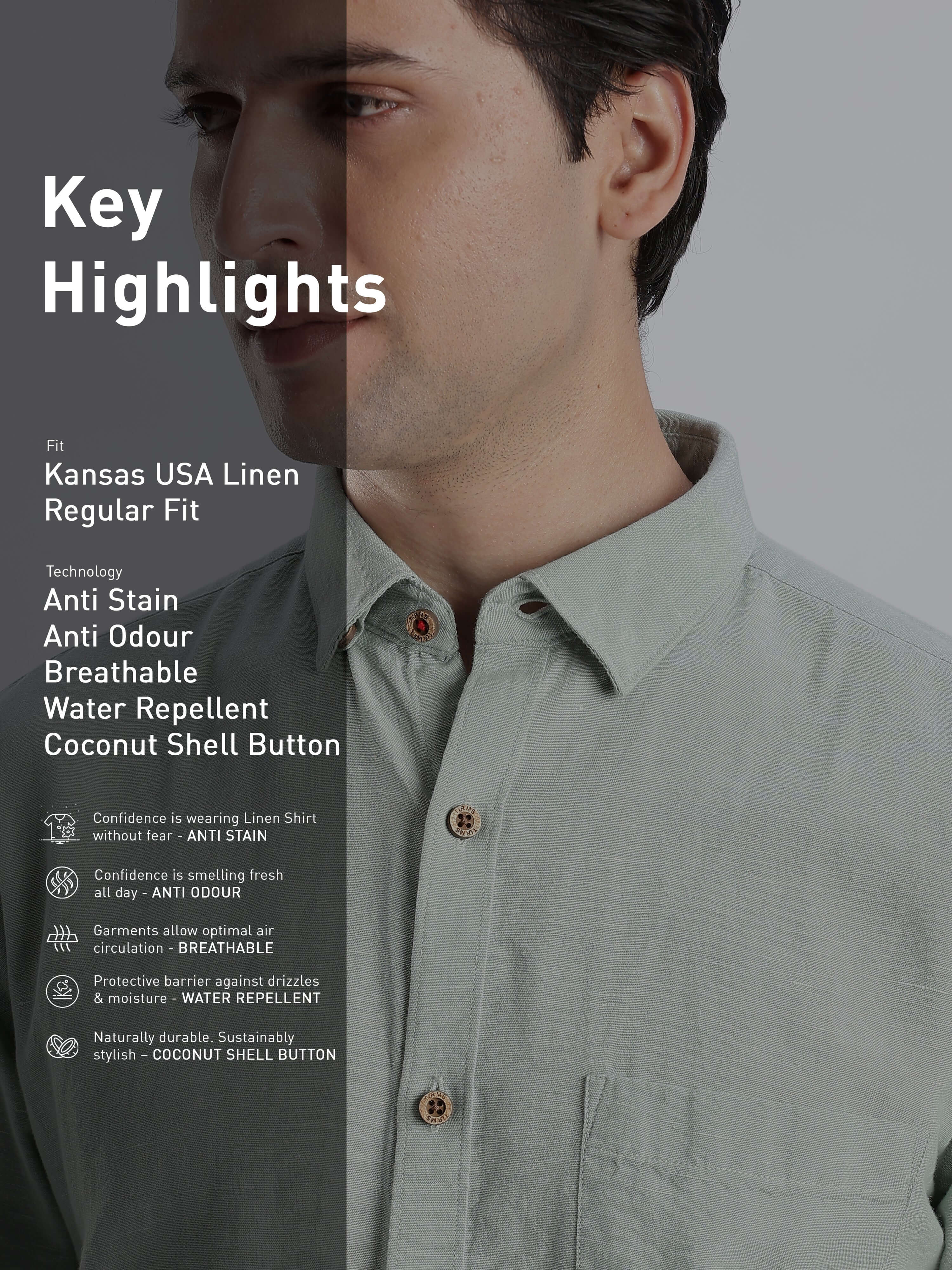 Canary Green - Turms Intelligent Linen Luxe Shirt highlighting anti-stain, anti-odour, breathable features.