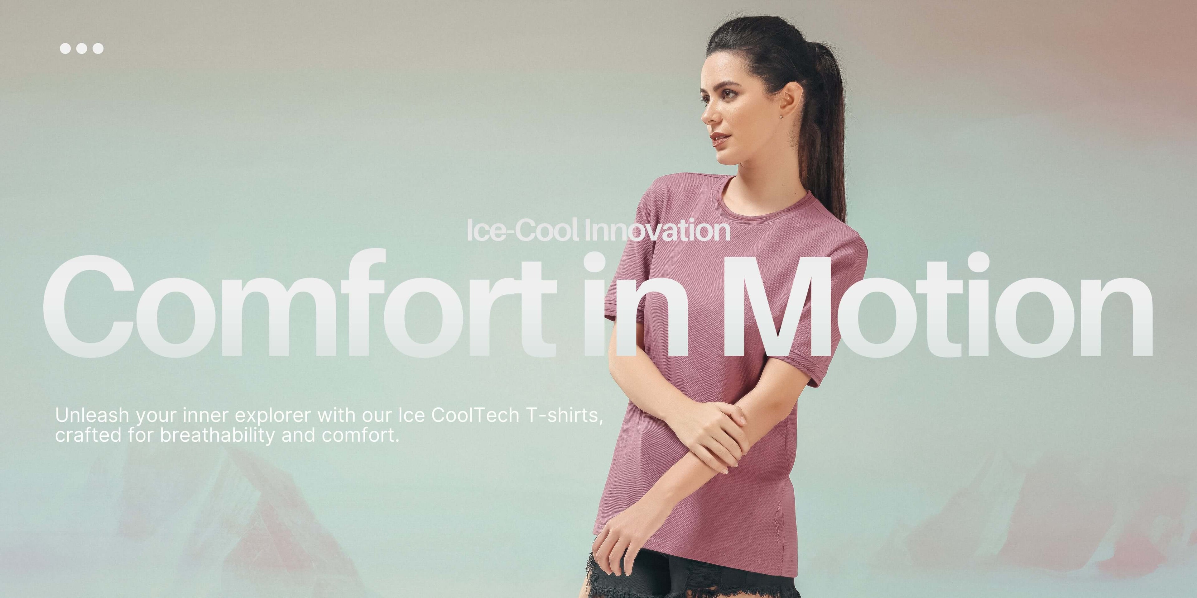 Woman wearing an Ice Cool Tech T-shirt, showcasing comfort in motion, ideal for breathability and style in menswear.