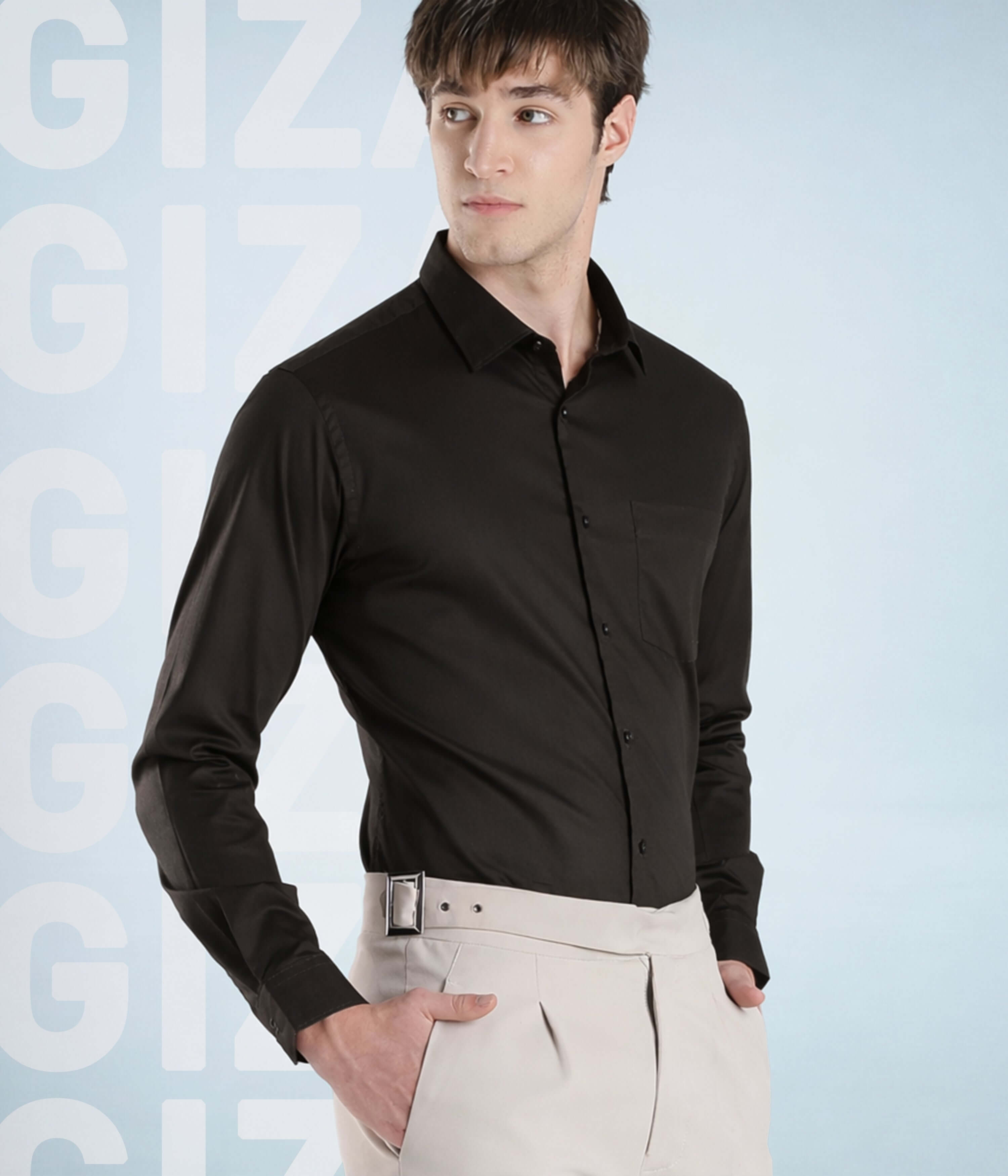 Olive Empire Giza cotton shirt model showcasing elegance and luxury fashion in high-quality apparel.