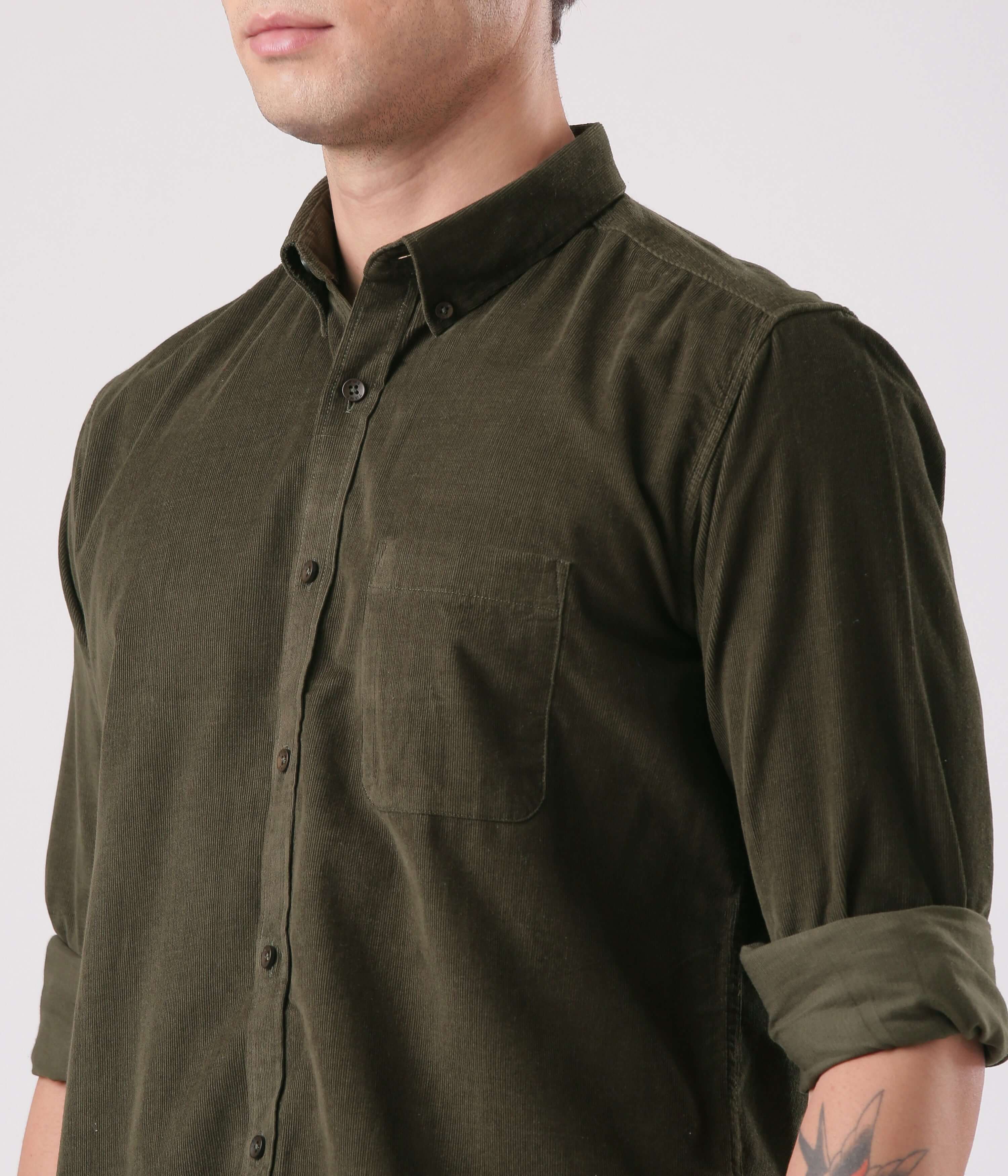 Emerald Star corduroy shirt showcasing luxurious material and style in men's fashion.