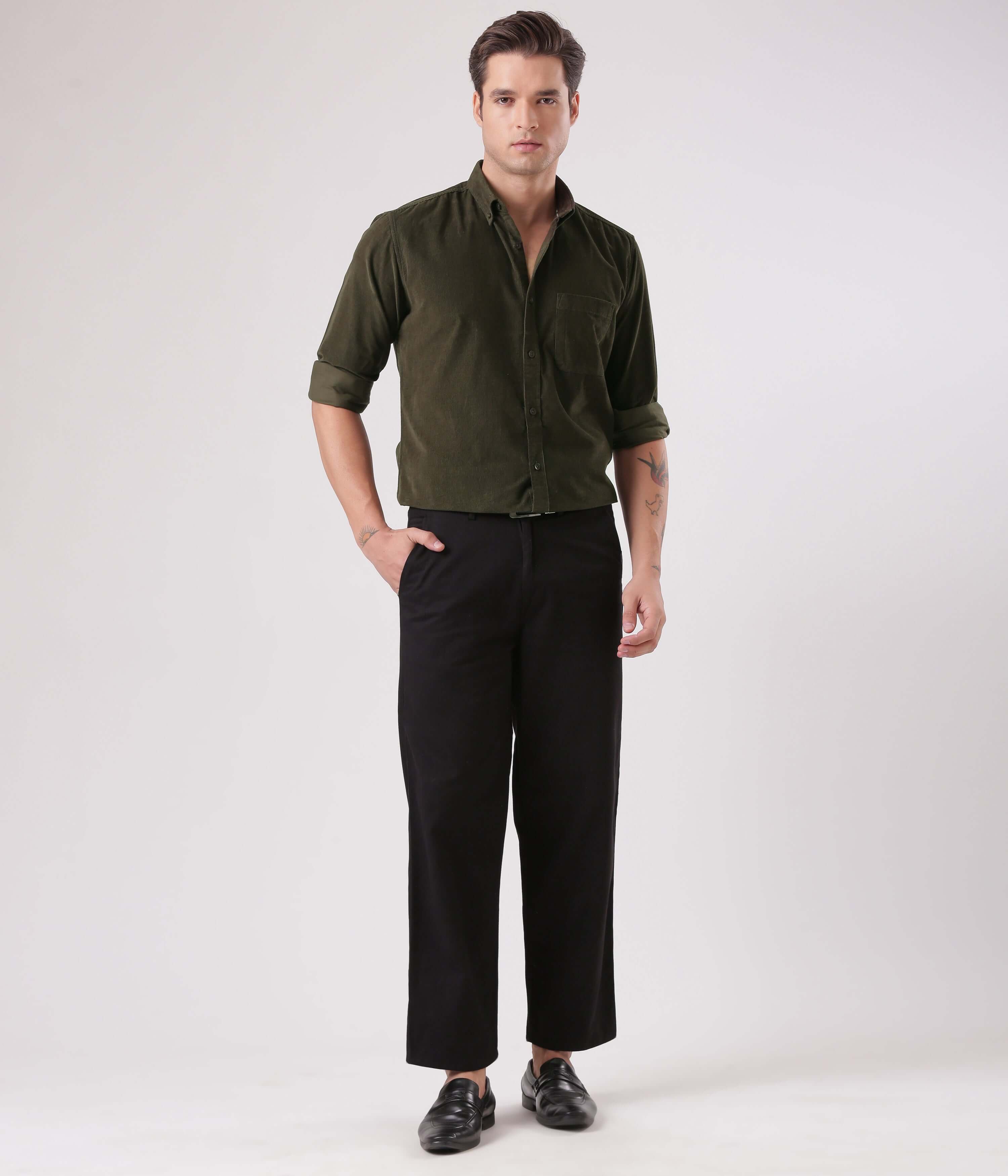 Emerald Star corduroy shirt with water proof turms intelligent apparel worn by a model.