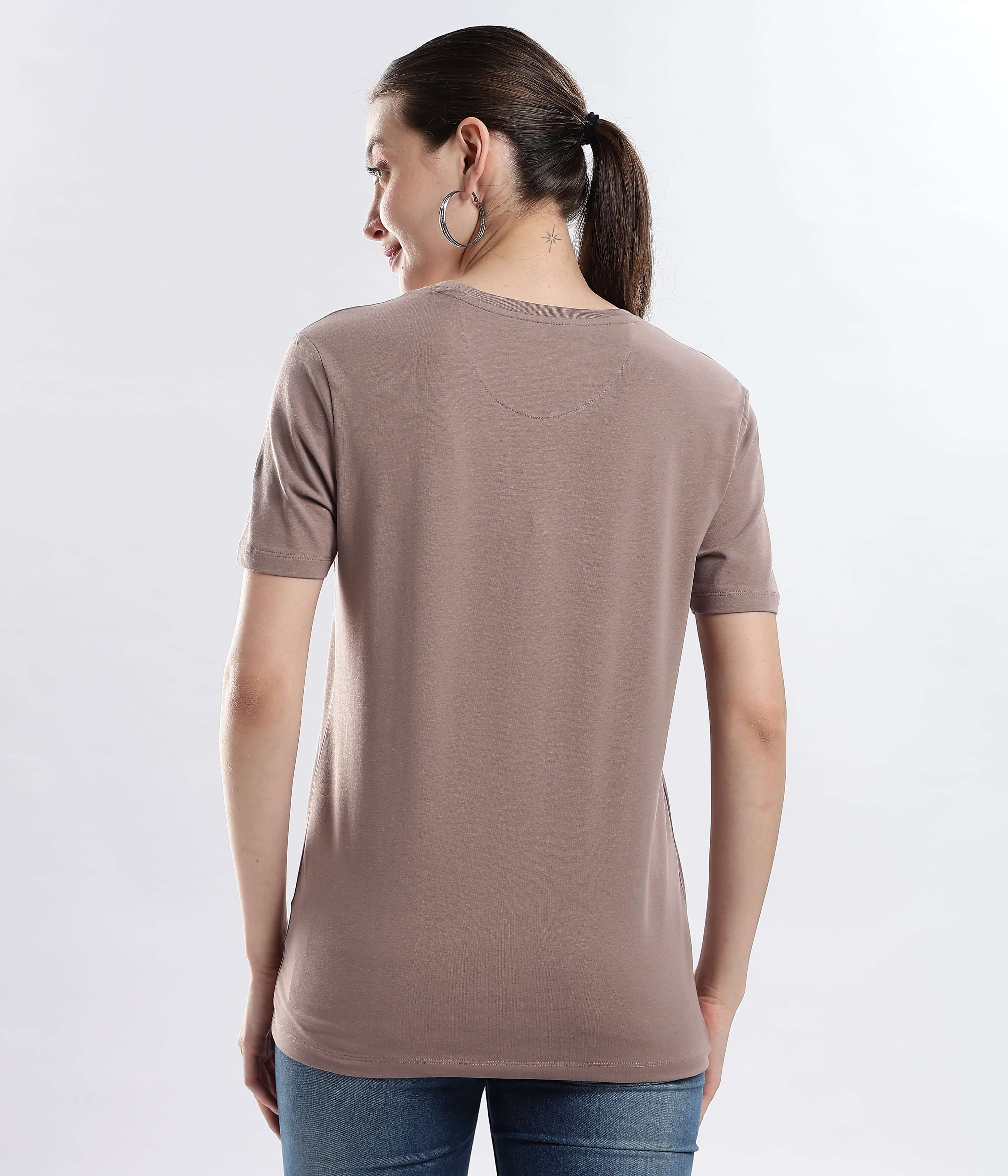 Back view of a woman wearing a Womens casual t-shirt Garnet Brown cotton t-shirt, showcasing its comfortable and stylish fit.