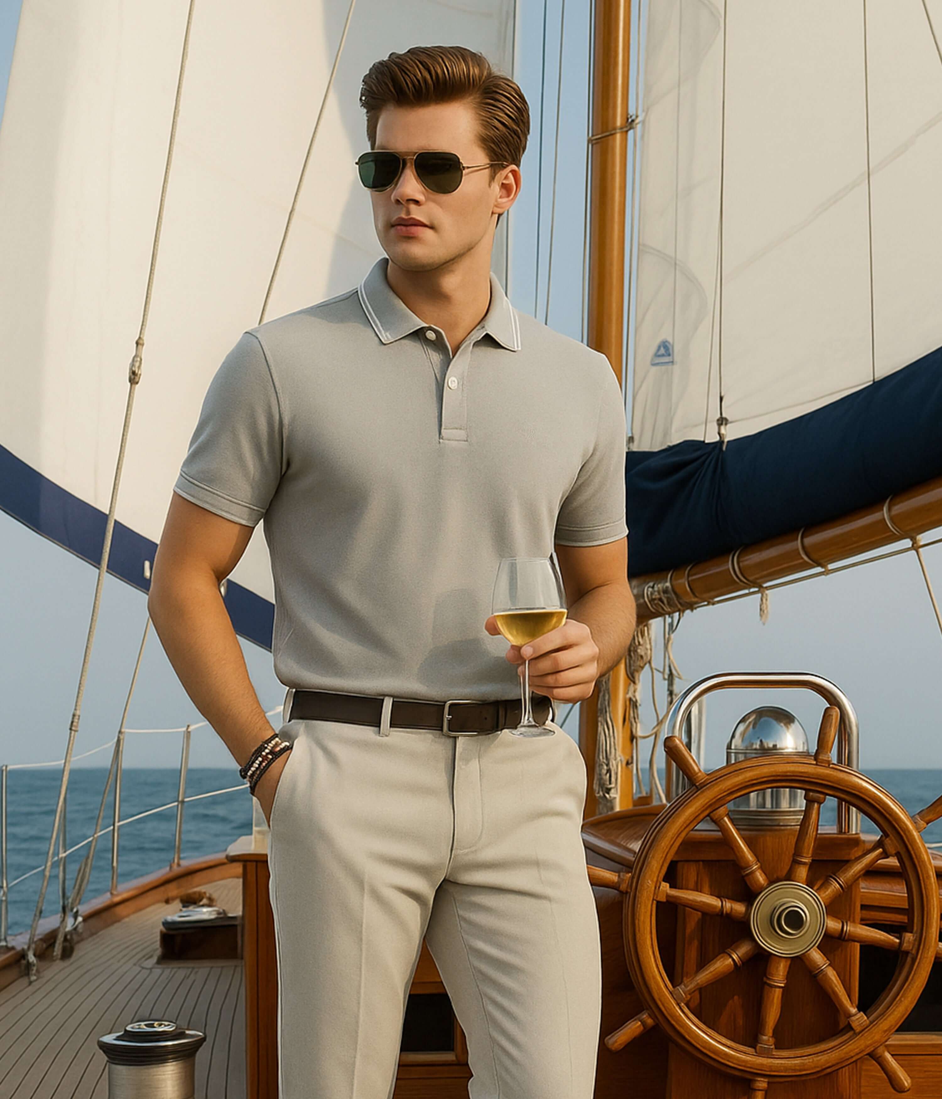 Stylish man wearing Magma Grey cotton polo tshirt on a yacht, enjoying a drink with a scenic ocean backdrop.