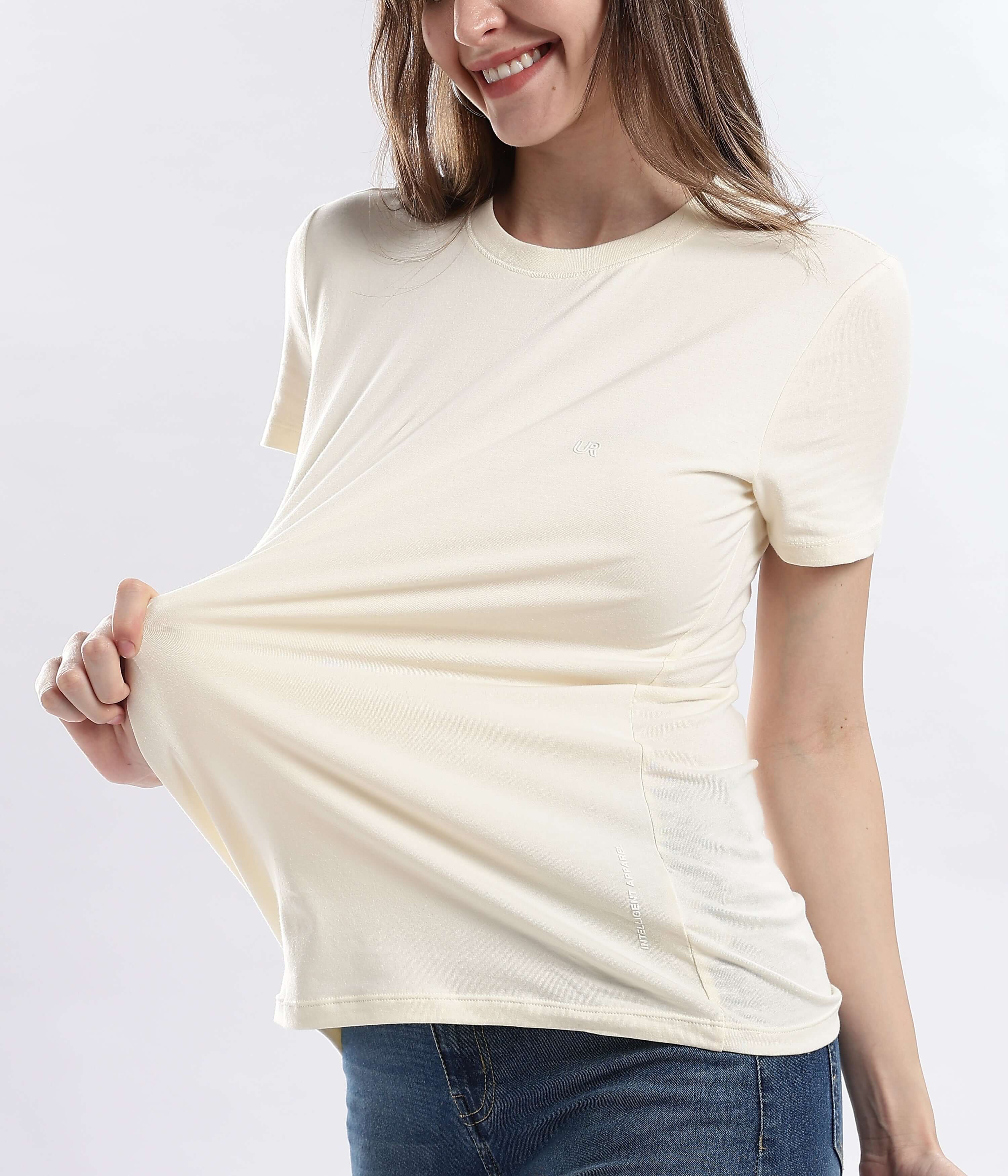 Model showcasing Polar Off-white cotton tshirt, stretchable, waterproof, and anti-odour, perfect for everyday wear.