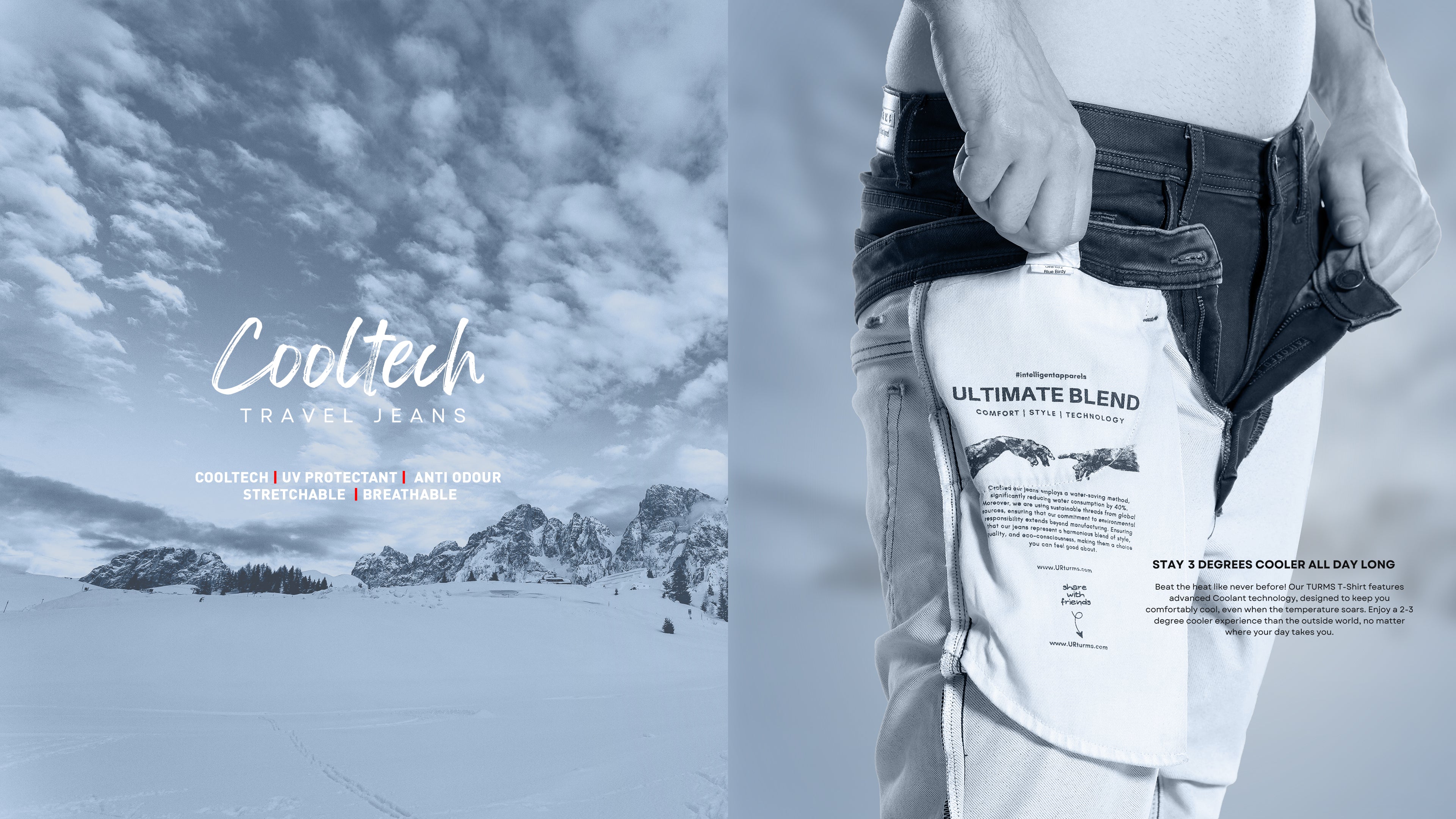 Cooltech travel jeans highlighted against a snowy backdrop, showcasing innovative fabric technology for comfort and style.