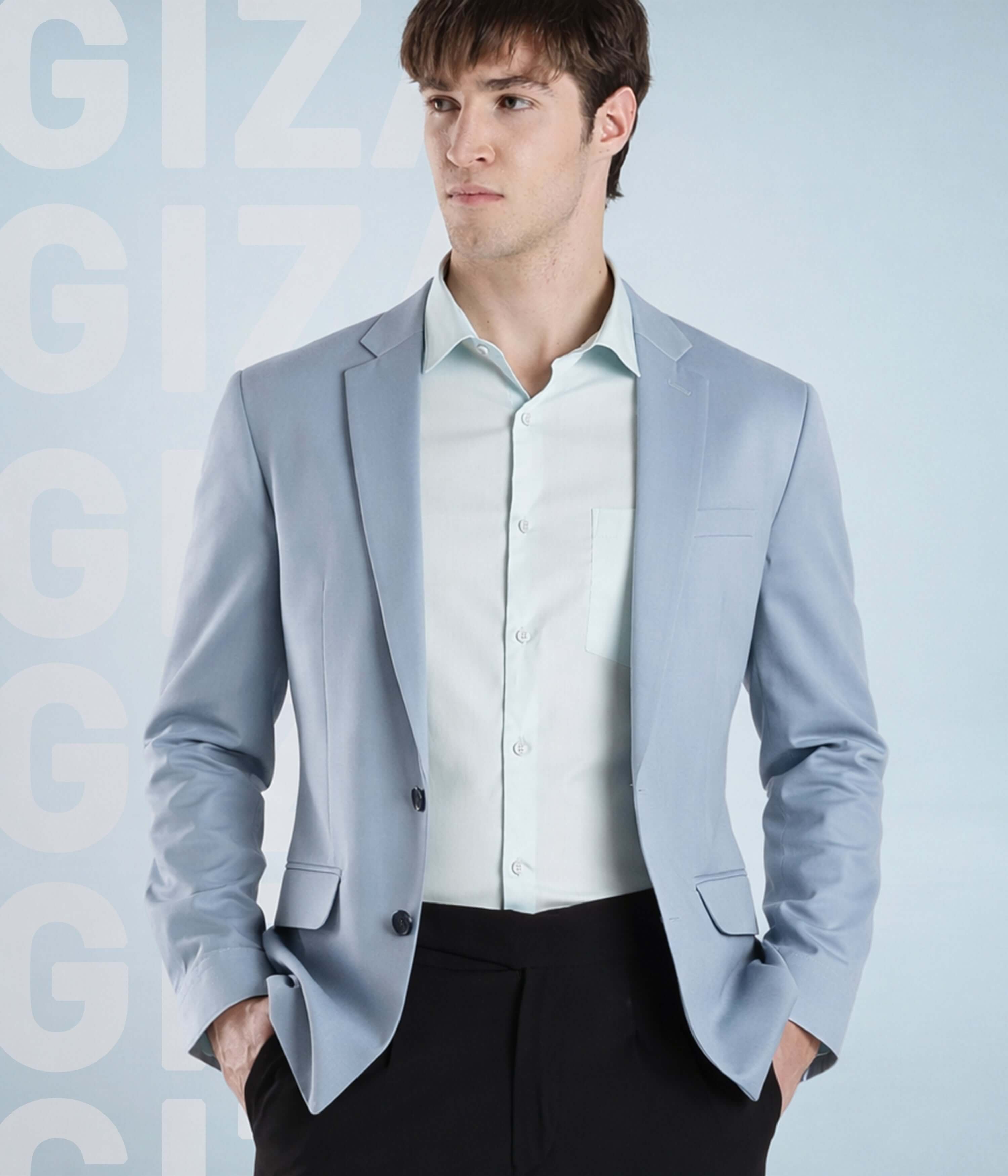 Skyblue Luxe shirt worn under a light blue blazer, showcasing premium Cotton Giza shirts style and elegance.