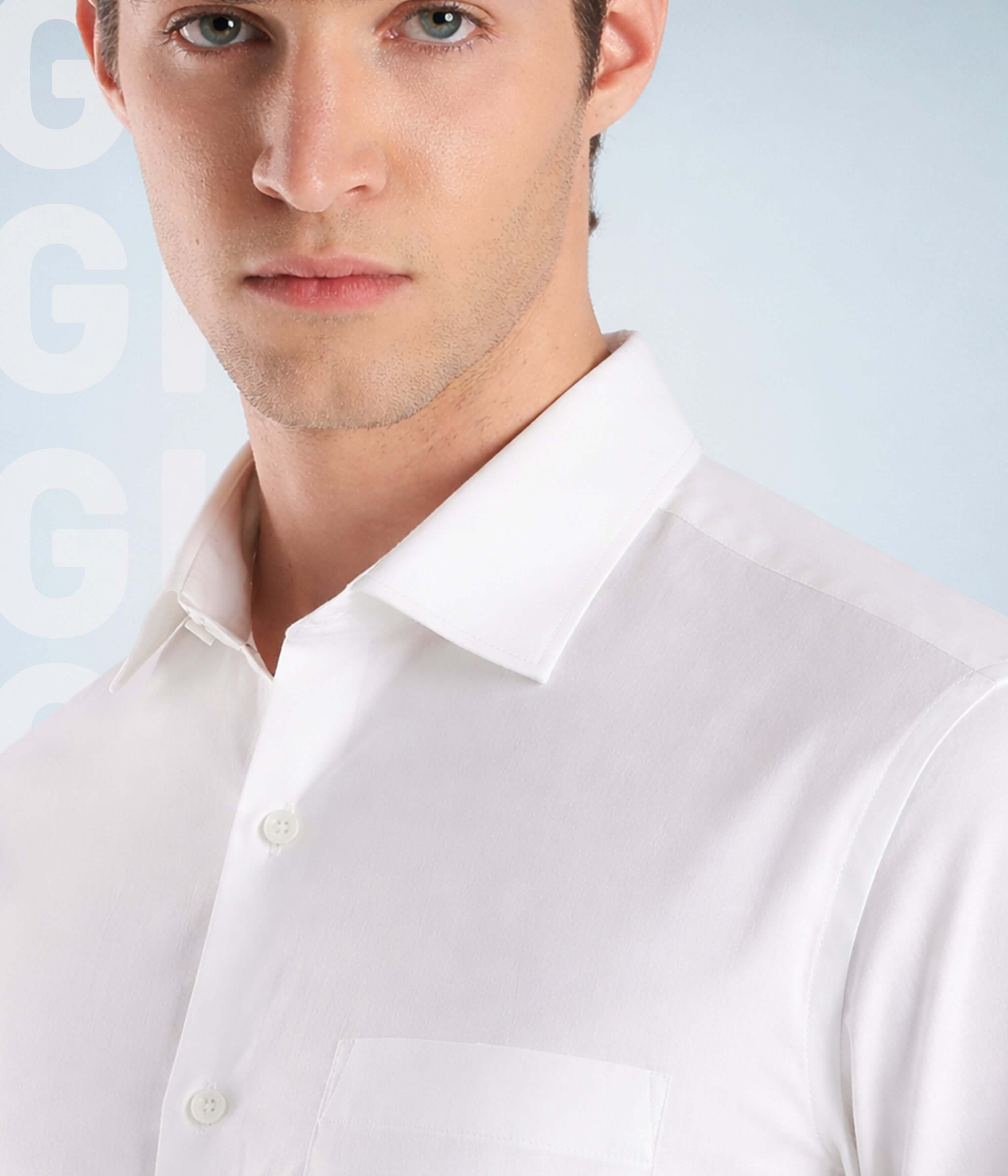 Elite White shirt model showcasing the premium Giza cotton fabric and stylish design from Turms Intelligent Apparel.