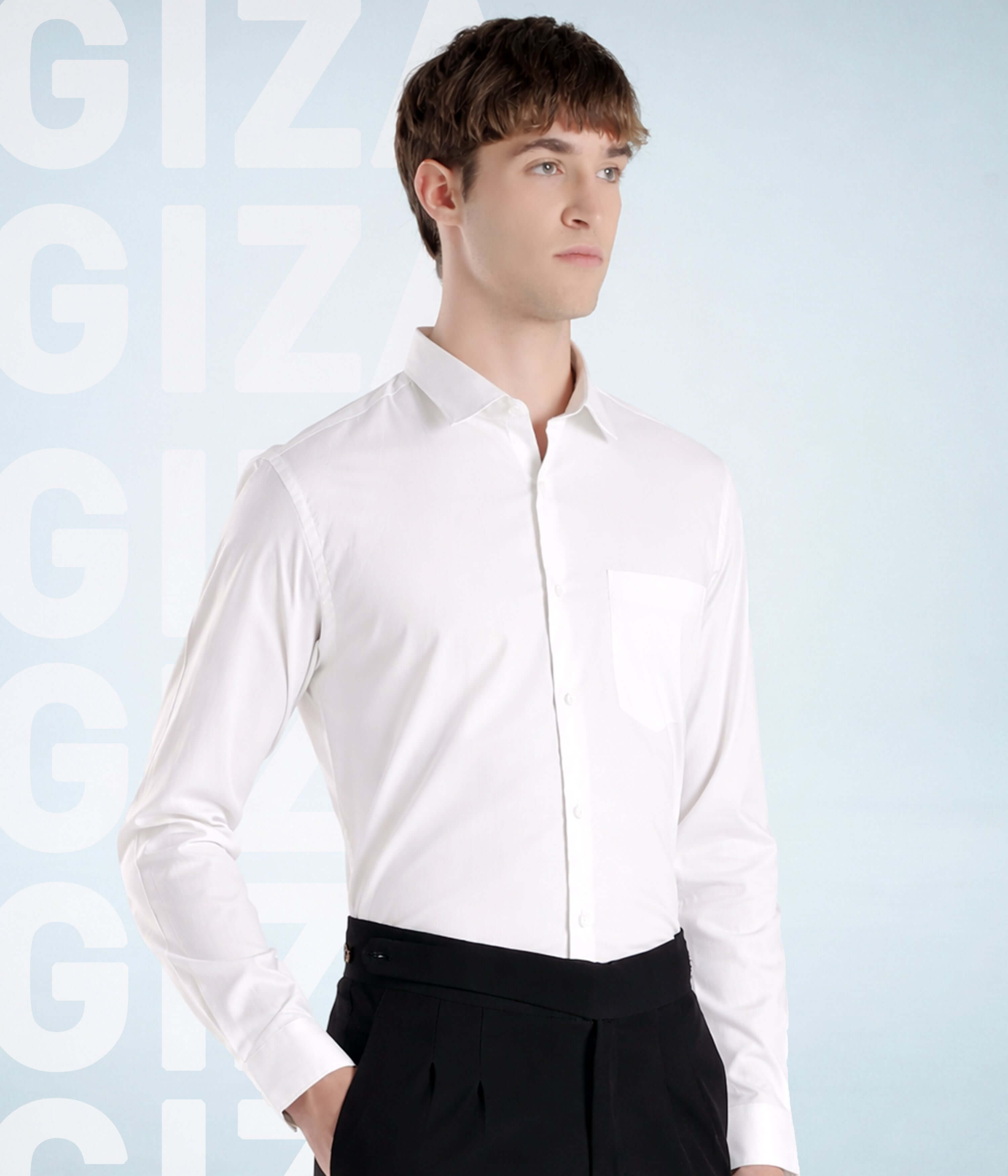 Model wearing Elite White shirt, showcasing premium Cotton Giza craftsmanship and modern style.