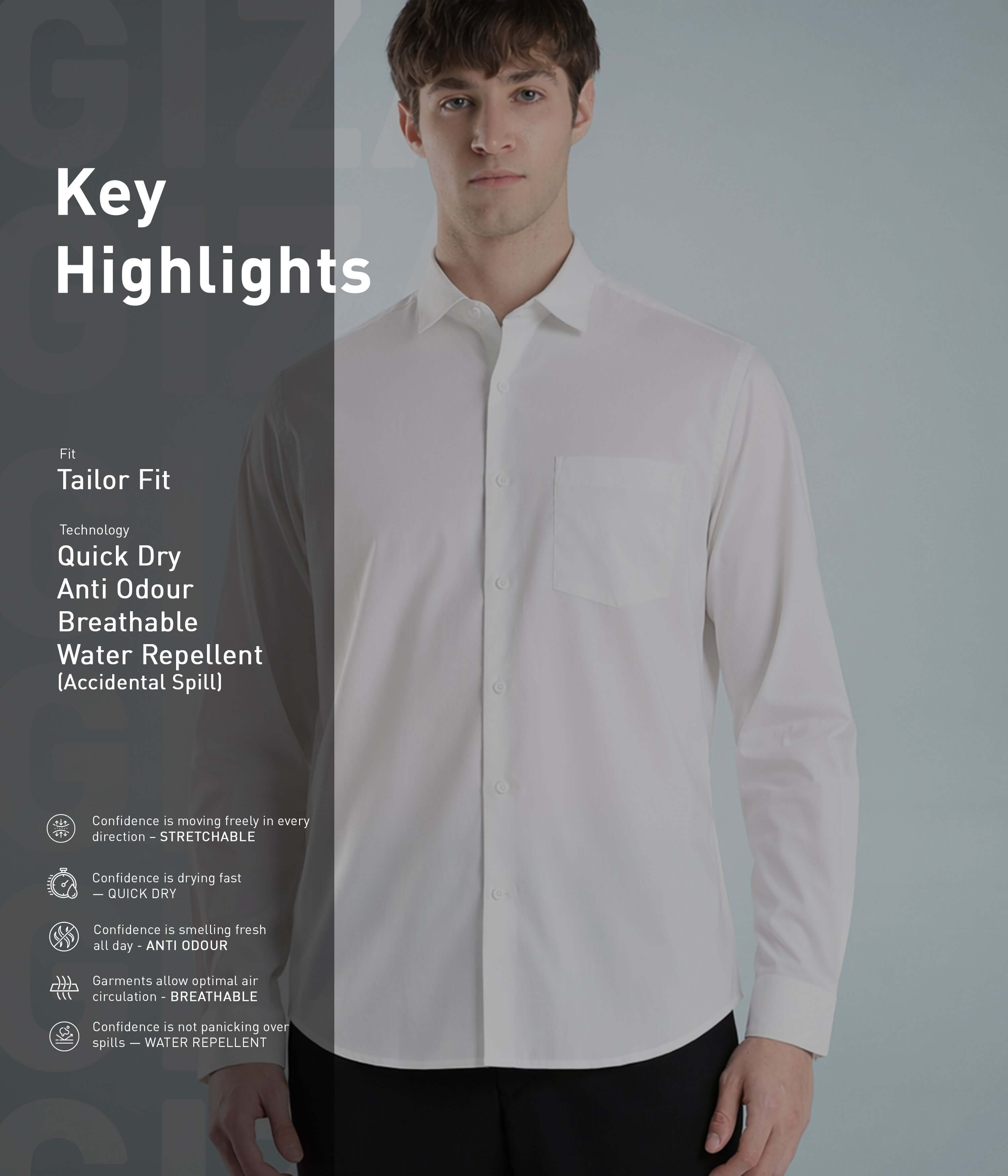 Elite White cotton Giza shirt featuring quick dry, anti-odour, and water-repellent technologies.