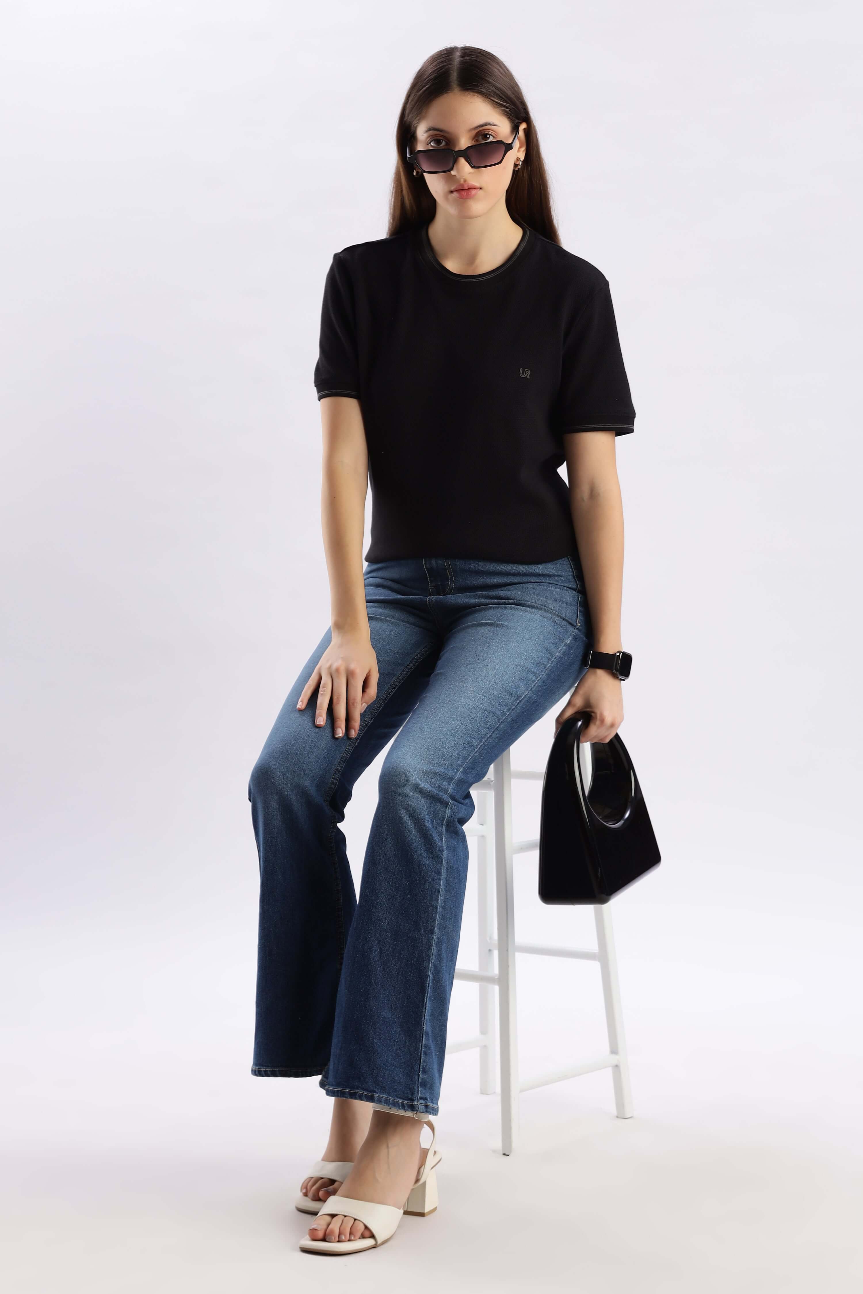 Mandalorian Black cooltech tshirt women wearing comfortable round neck style with jeans and accessories