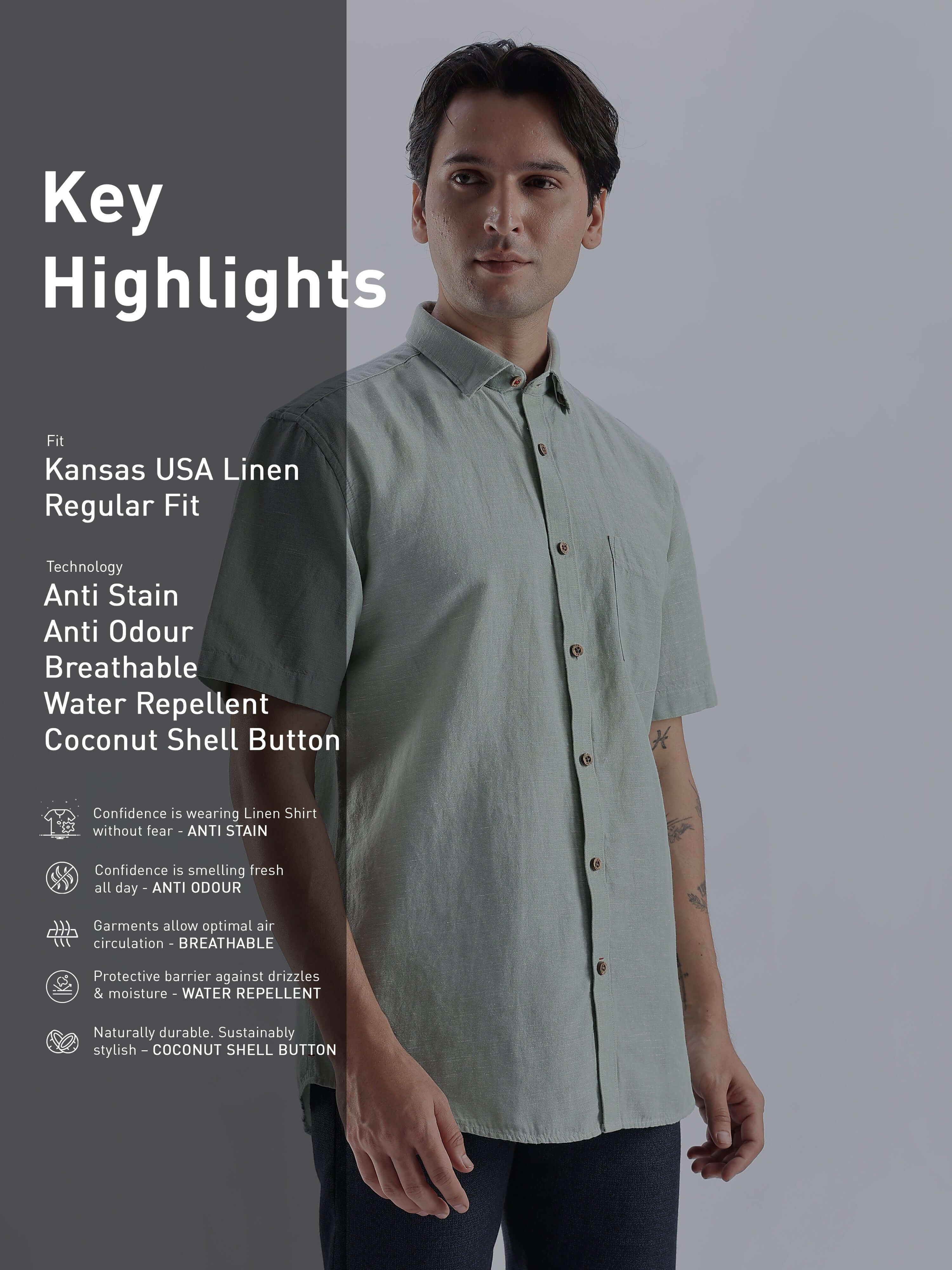 Fern Green linen shirt from Turms Intelligent Apparel showcasing features like anti stain and breathable design.