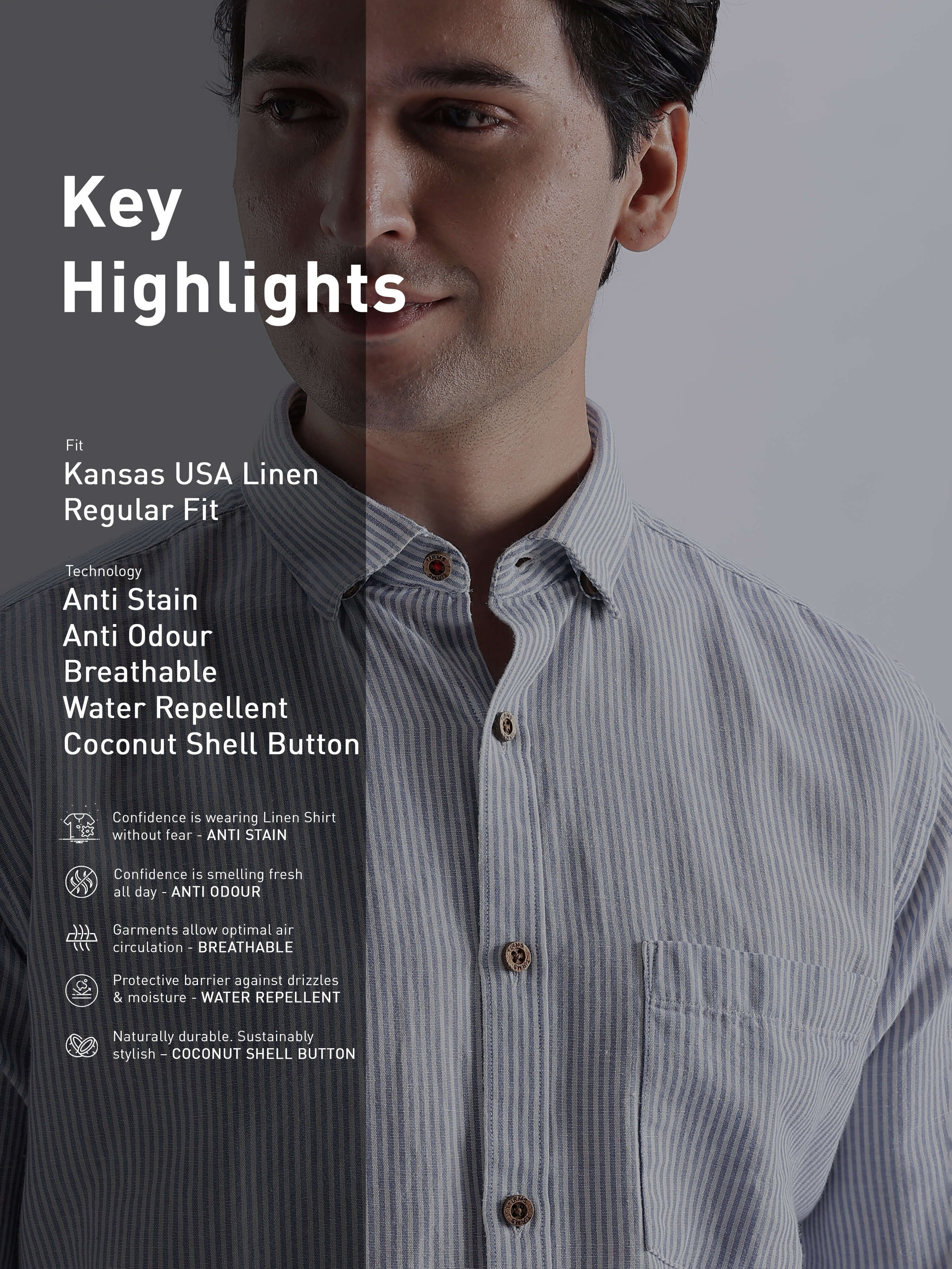 Skyline Blue shirt highlights including Kansas USA Linen, anti stain, breathable, water repellent features.