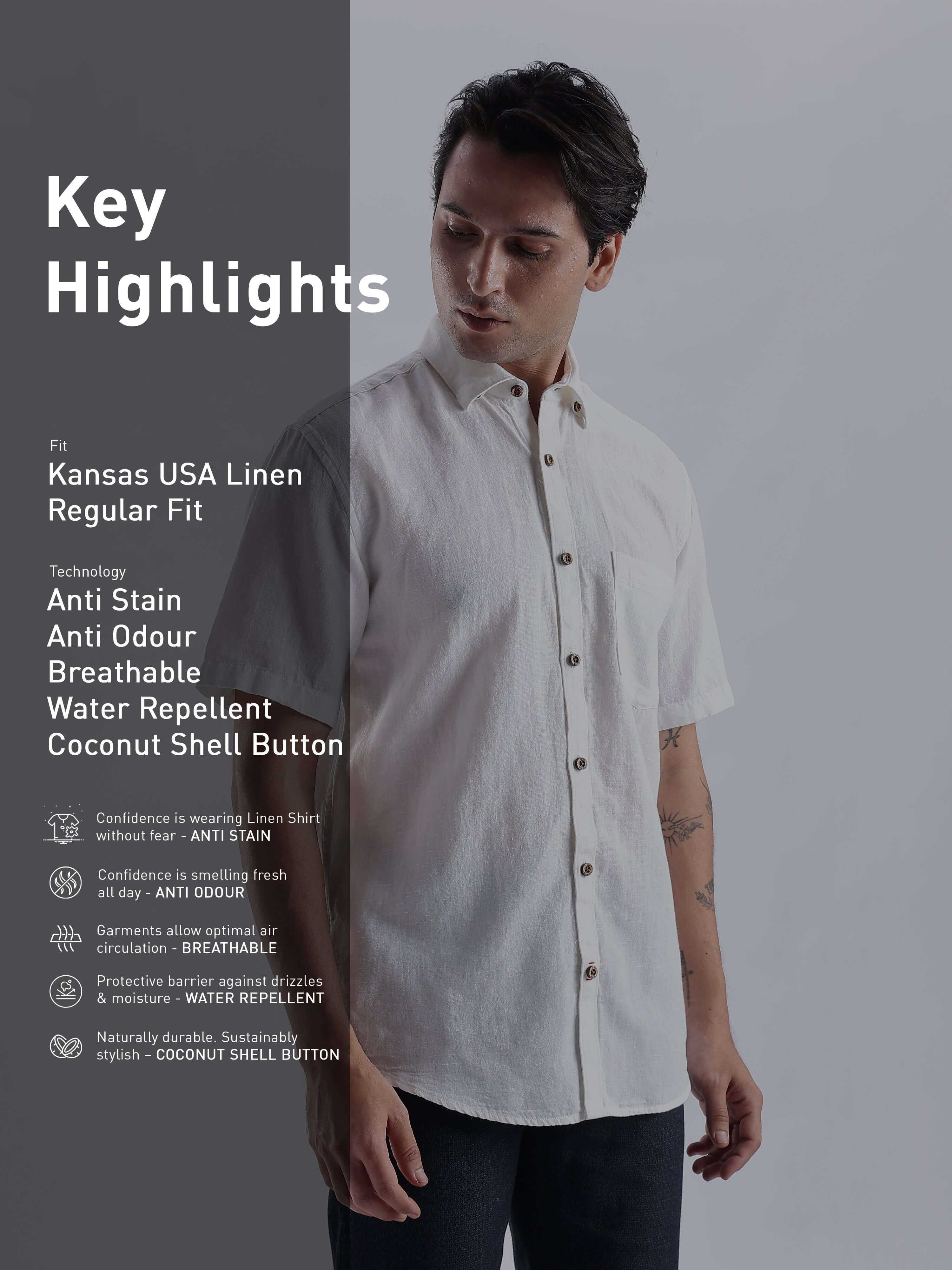 Man wearing a white shirt with text detailing product features on a gray background