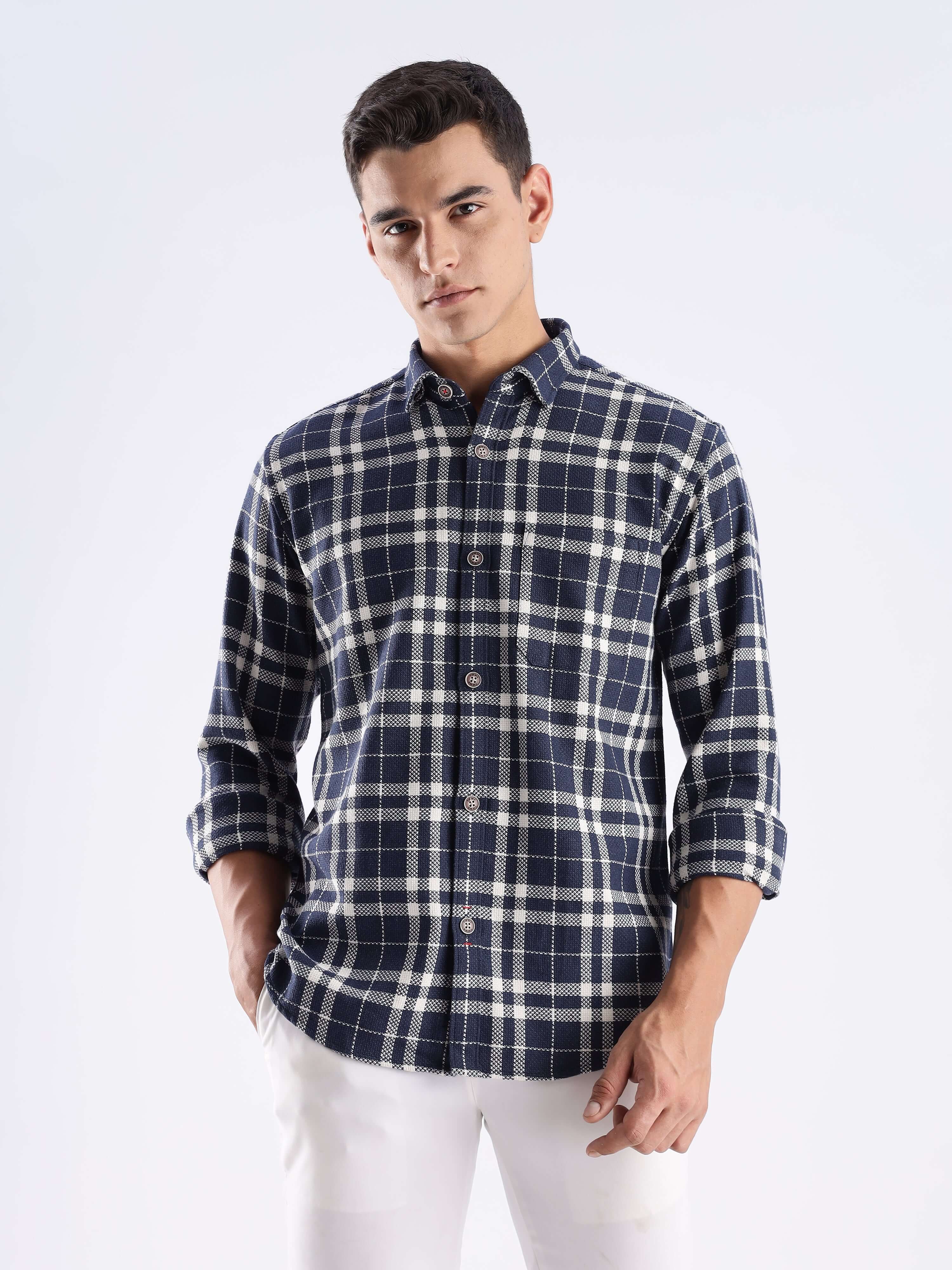 Man wearing the Turms Intelligent Recycled Cotton Checked Shirt, showcasing sustainable style and comfort.