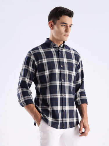 Stylish navy and white checked shirt made from recycled cotton, featuring cool tech and durable stitching.