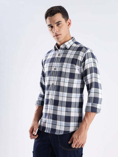 Blue Grindstone Turms recycled cotton checked shirt, sustainable style with anti-odour and cool tech features.