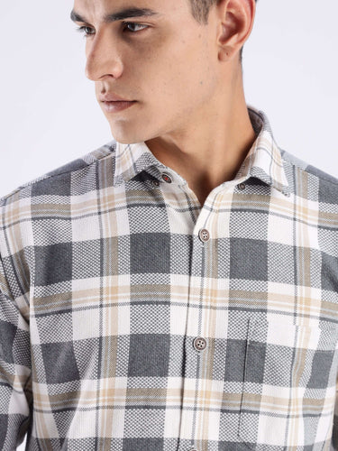 Urban Ochre Turms recycled cotton checked shirt in grey and beige, showcasing sustainable style and cool tech features.