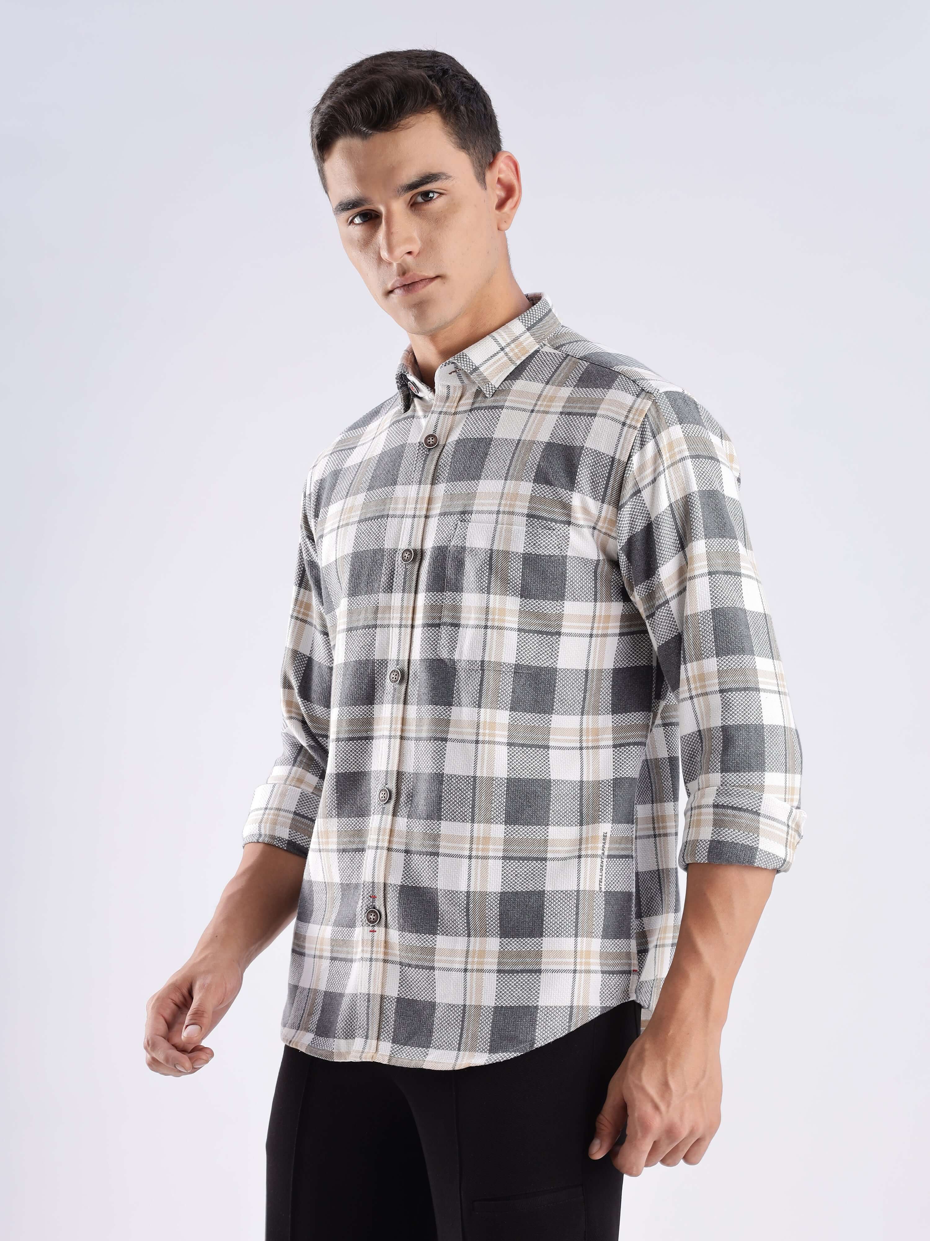 Men's Urban Ochre recycled cotton checked shirt, showcasing a stylish and sustainable design with cool tech features.