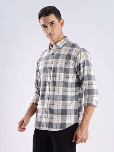 Men's Urban Ochre recycled cotton checked shirt, showcasing a stylish and sustainable design with cool tech features.