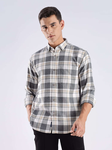 Urban Ochre: Stylish recycled cotton checked shirt with anti-odour cool tech feature, perfect for sustainable fashion.