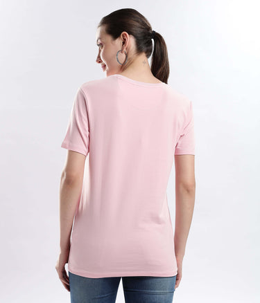 Back view of Womens casual t-shirt Quartz Pink cotton t-shirt, showcasing its stretchable, waterproof, and anti-odour features.