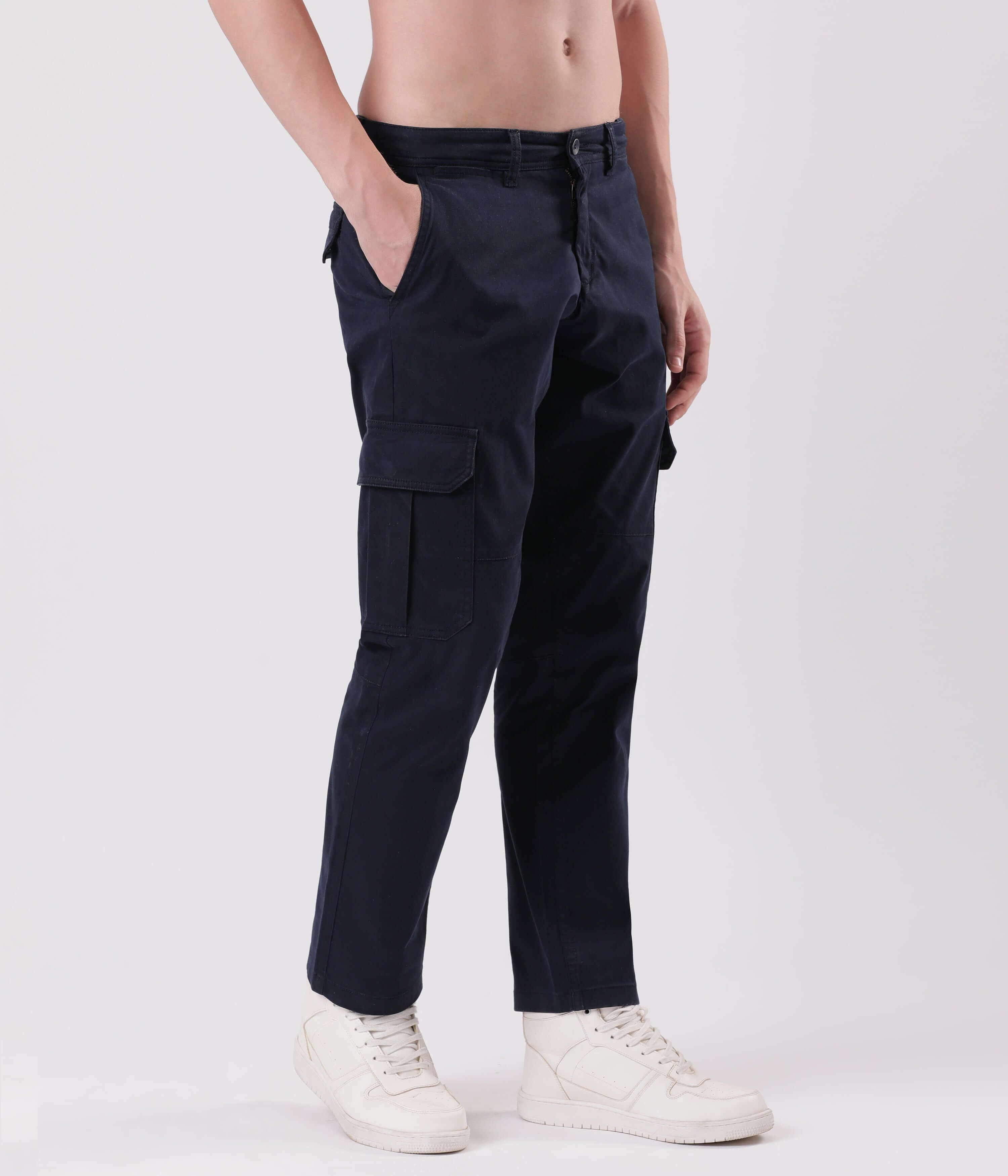 Vengeance Blue cargo pants by Turms, showcasing style and functionality, made with stretchable Compact Cotton and Spandex.