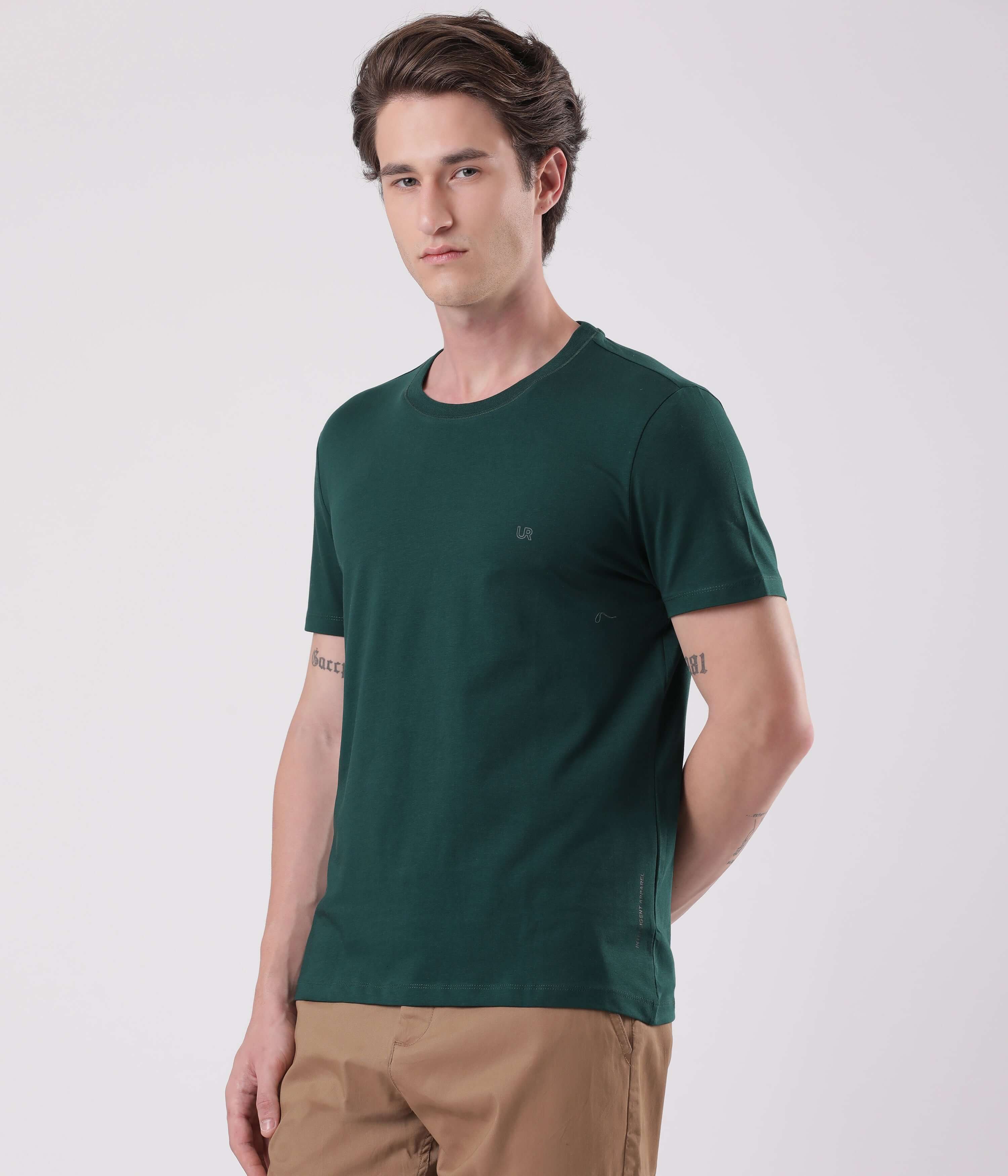 Man wearing a Lantern Green Turms Worry-Free Intelligent T-Shirt for style and comfort.