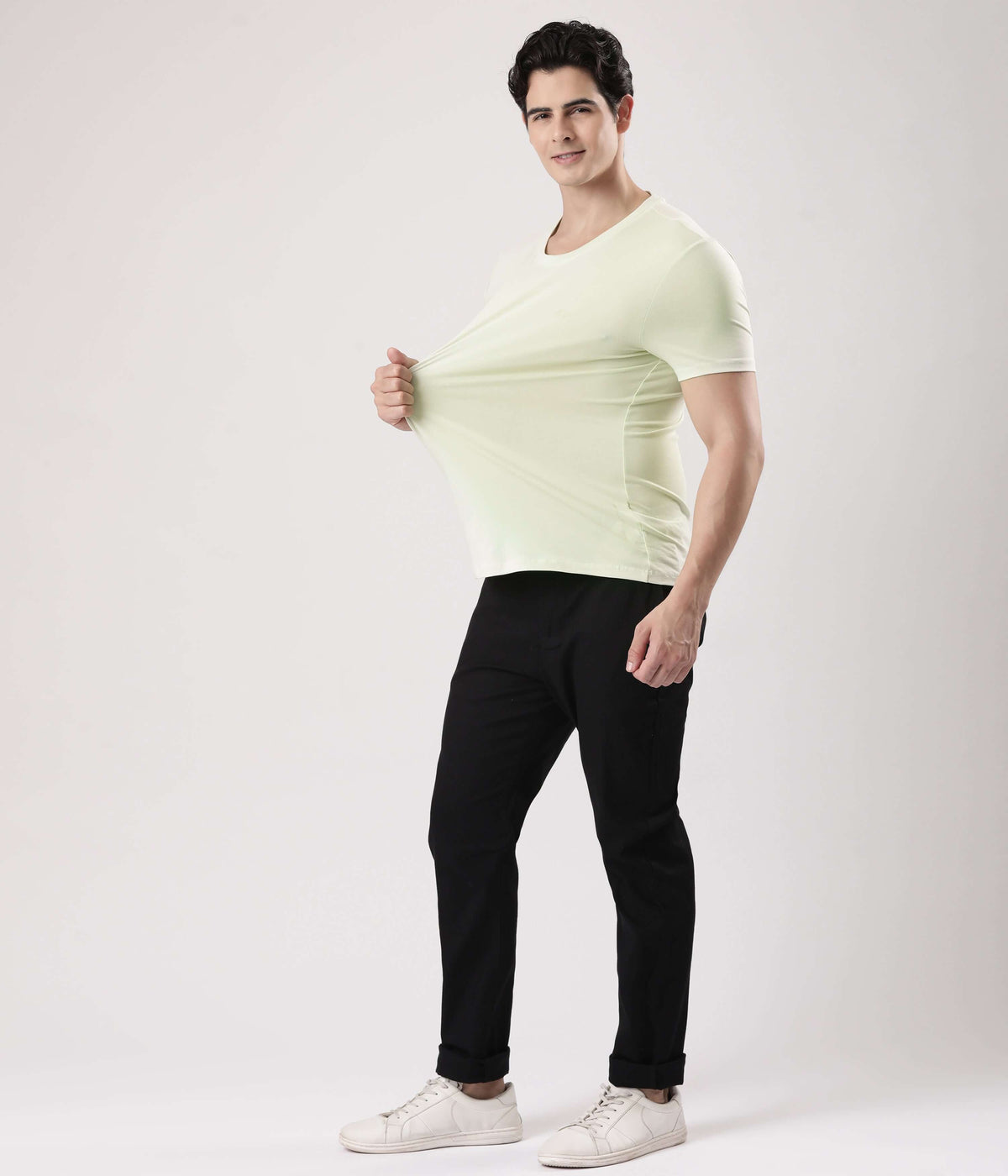 Mint Green Turms Intelligent Apparel t-shirt model showcasing style and comfort, best t-shirts for men.