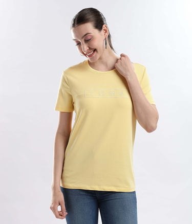 Womens casual t-shirt Aura Yellow cotton tshirt, stretchable, waterproof, anti-odour, best tshirt for stylish comfort.