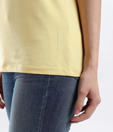Womens casual t-shirt Aura Yellow cotton tshirt showcasing stretchable fabric and intelligent design for stylish comfort.