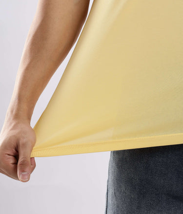 Aura Yellow cotton tshirt showcasing stretchable and waterproof features for ultimate comfort and style.