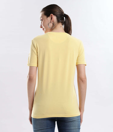 Womens casual t-shirt Aura Yellow cotton tshirt showcasing its stretchable, waterproof and anti-odour features from the back.
