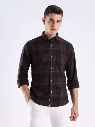 Man wearing Rustic Nightshade recycled cotton checked shirt, stylish, durable, sustainable lifestyle fashion.