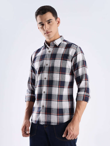 Stylish blue matrix recycled cotton checked shirt for men, featuring a modern fit and sustainable design.