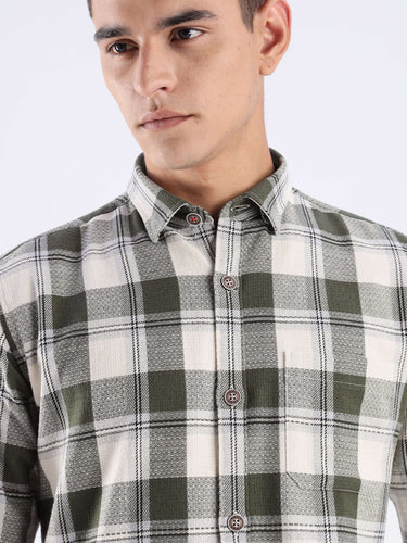 Model wearing the Mint Falls recycled cotton checked shirt, showcasing its stylish design and quality craftsmanship.