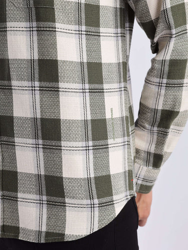 Back view of the Mint Falls recycled cotton shirt featuring a stylish green and white check design.