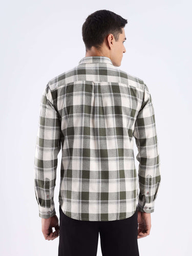 Back view of the Mint Falls recycled cotton shirt, showcasing a green check pattern and durable design.