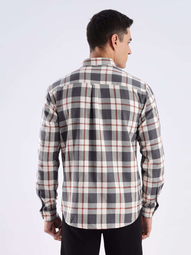Back view of the Grey Emblem Turms recycled cotton checked shirt, showcasing its stylish and sustainable design.