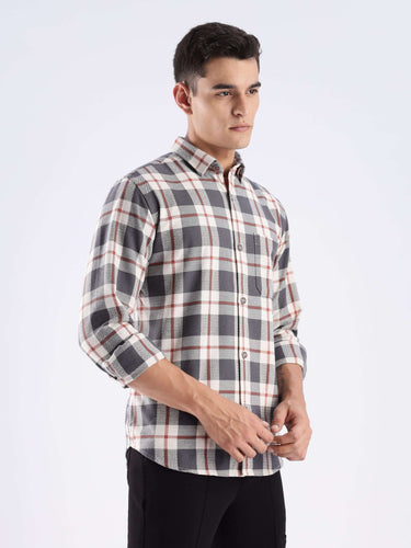 Grey Emblem Turms recycled cotton checked shirt showcasing sustainable style and anti-odour features.