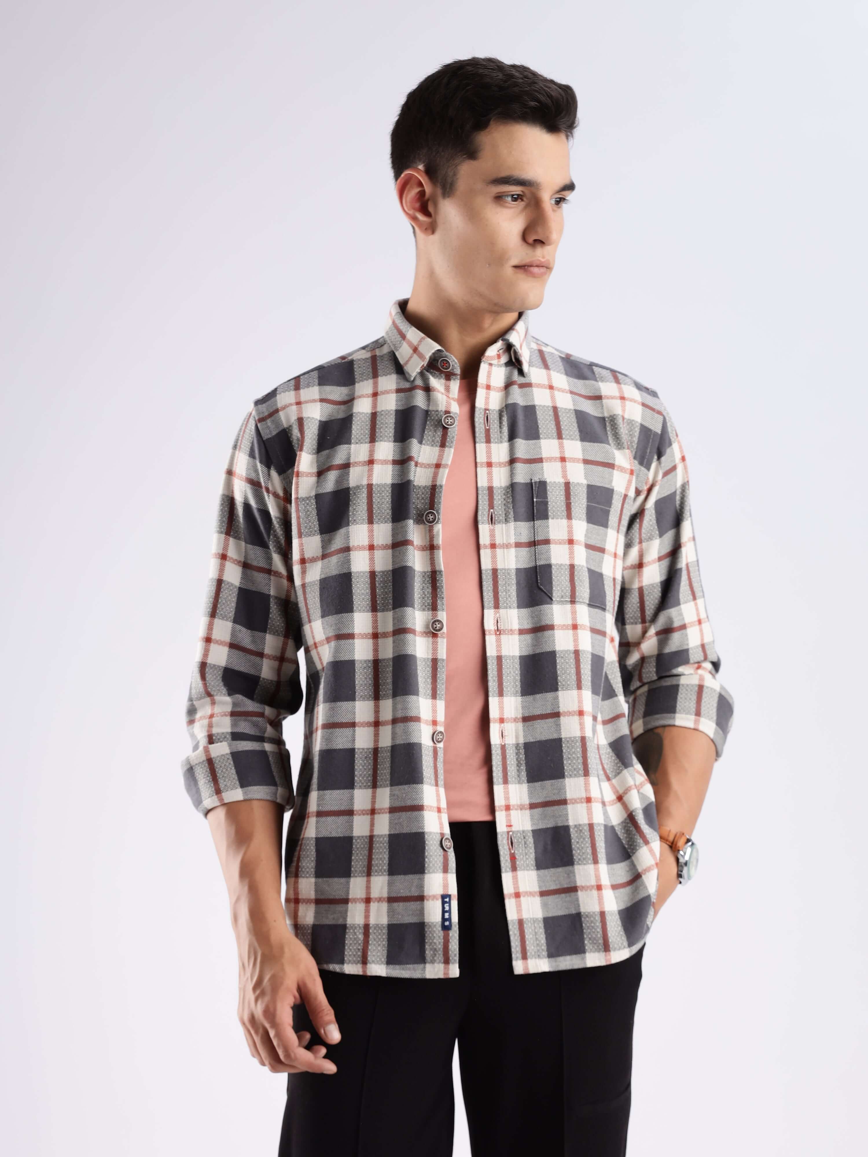 Grey Emblem recycled cotton shirt, stylish checked design for everyday luxury and durability.