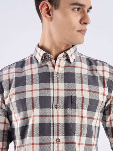 Turms grey checked recycled cotton shirt featuring a stylish collar and button-up design.