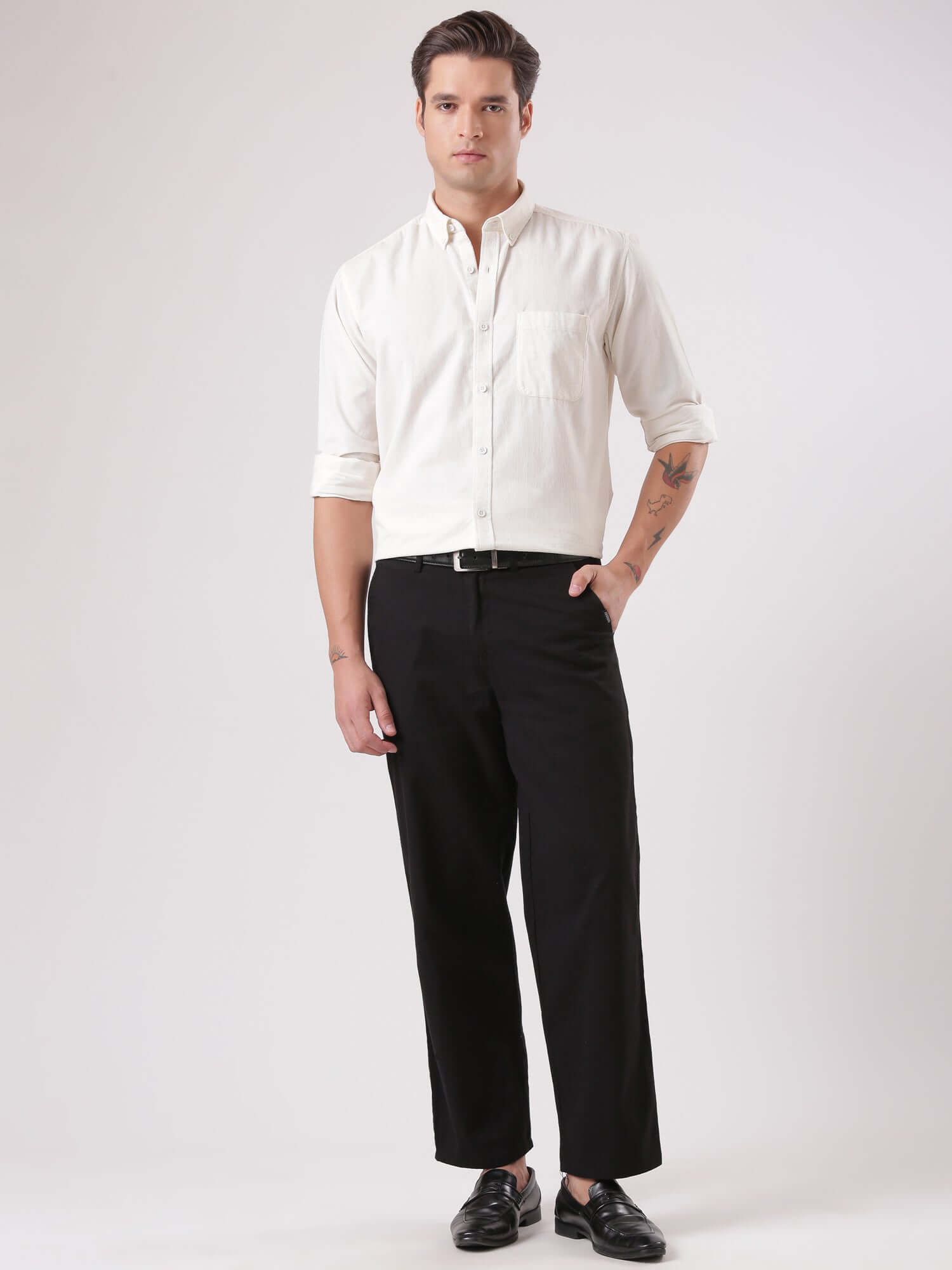 White Grizzly corduroy shirt model showcasing luxury style and functionality in intelligent apparel for men.