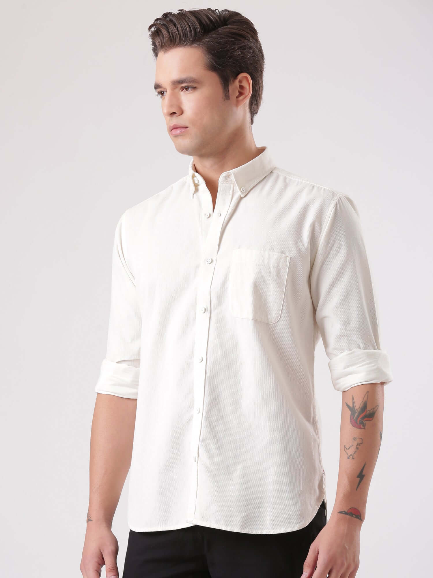 White Grizzly corduroy shirt showcasing style and quality in intelligent apparel for men.